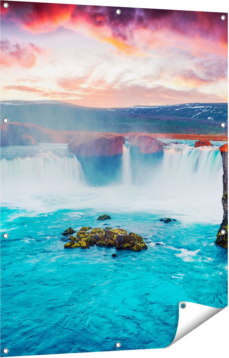 Gards Tuinposter Watervallen op het Blauwe Water in IJsland - 90x120 cm - Tuindoek - Tuindecoratie - Wanddecoratie buiten - Tuinschilderij Multikleur