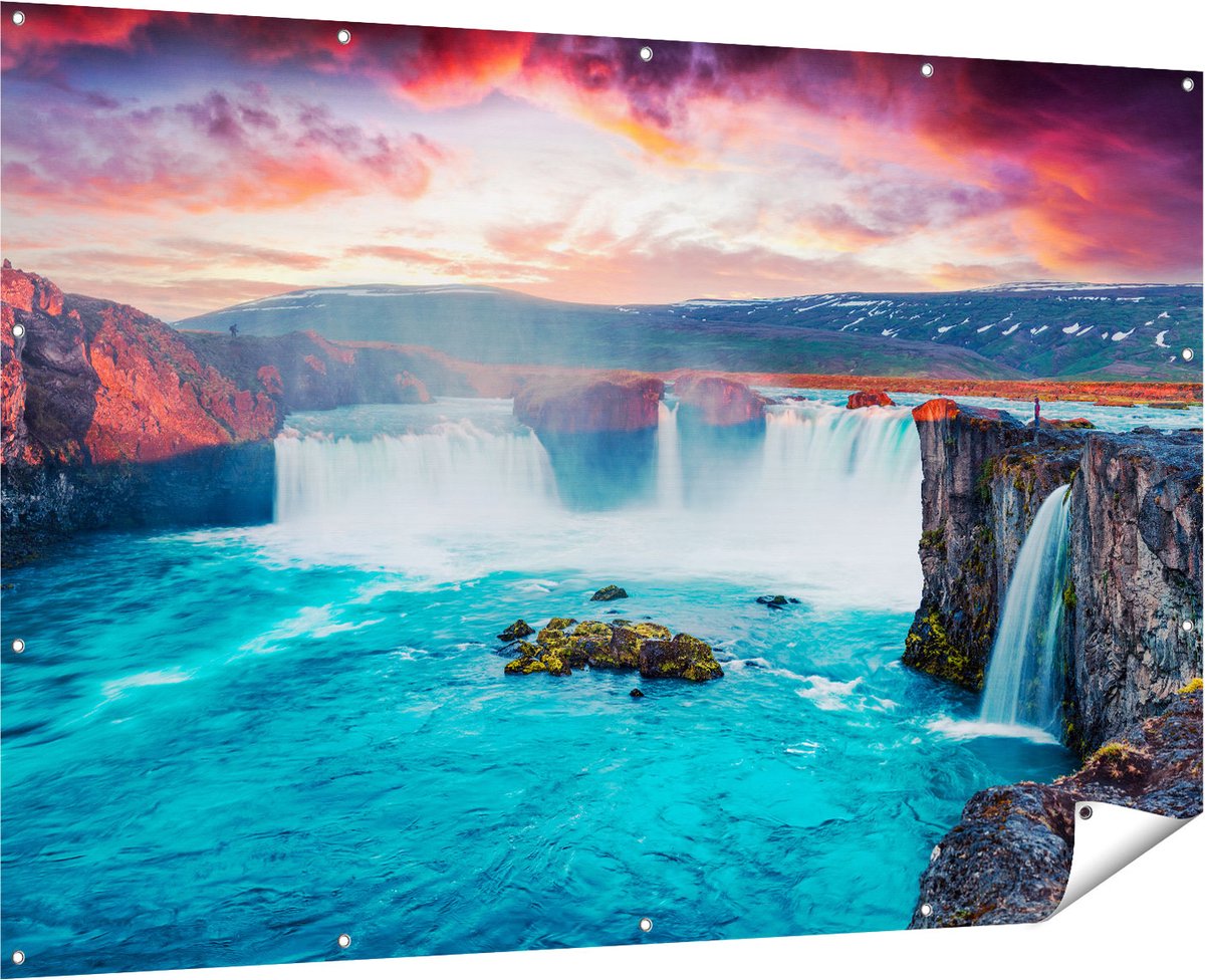 Gards Tuinposter Watervallen op het Blauwe Water in IJsland - 180x120 cm - Tuindoek - Tuindecoratie - Wanddecoratie buiten - Tuinschilderij Multikleur
