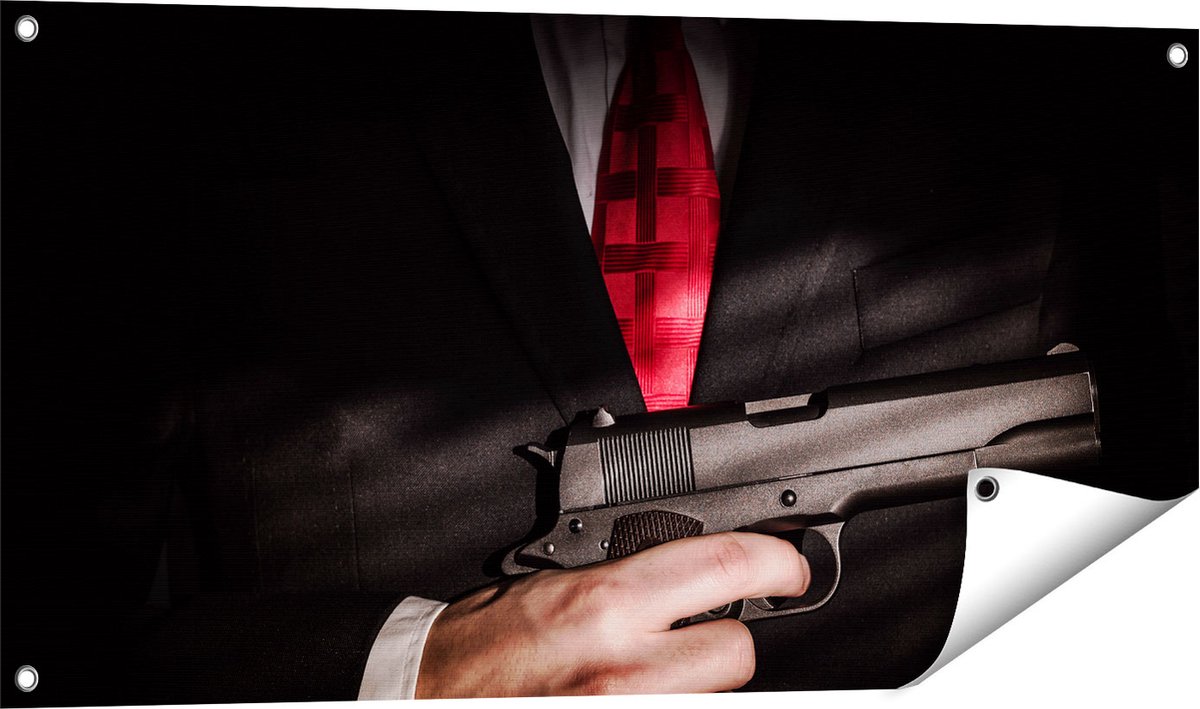 Gards Tuinposter Man van de Maffia met een Pistool Vast - 100x50 cm - Tuindoek - Tuindecoratie - Wanddecoratie buiten - Tuinschilderij Multikleur