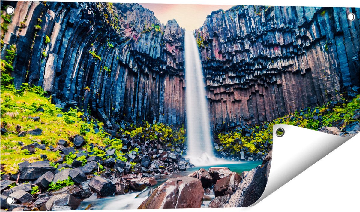 Gards Tuinposter Waterval in IJsland - 80x40 cm - Tuindoek - Tuindecoratie - Wanddecoratie buiten - Tuinschilderij Multikleur