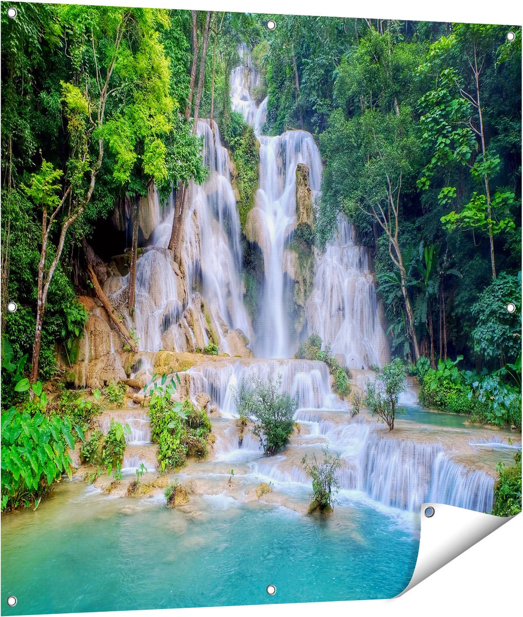 Gards Tuinposter Waterval in het Tropische Natuur - 100x100 cm - Tuindoek - Tuindecoratie - Wanddecoratie buiten - Tuinschilderij Multikleur