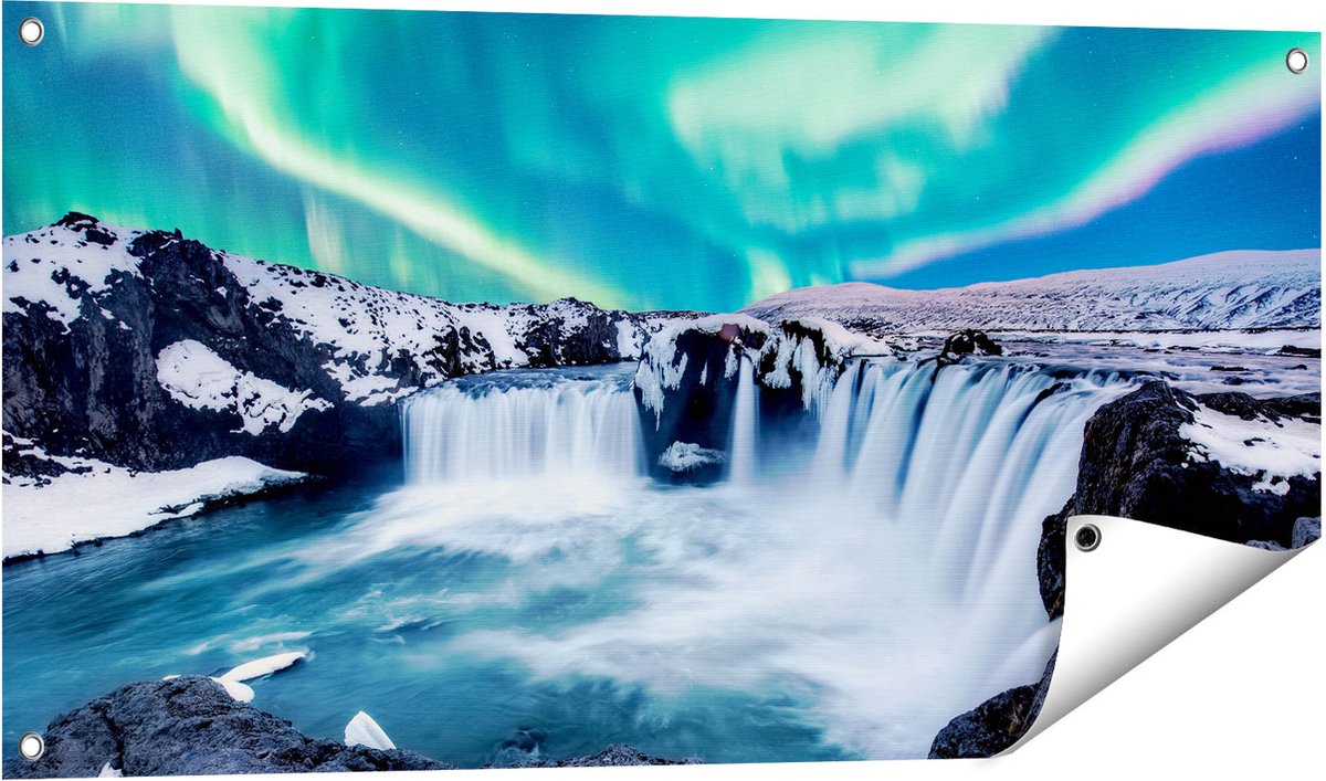 Gards Tuinposter Watervallen met het Groene Noorderlicht - 100x50 cm - Tuindoek - Tuindecoratie - Wanddecoratie buiten - Tuinschilderij Multikleur