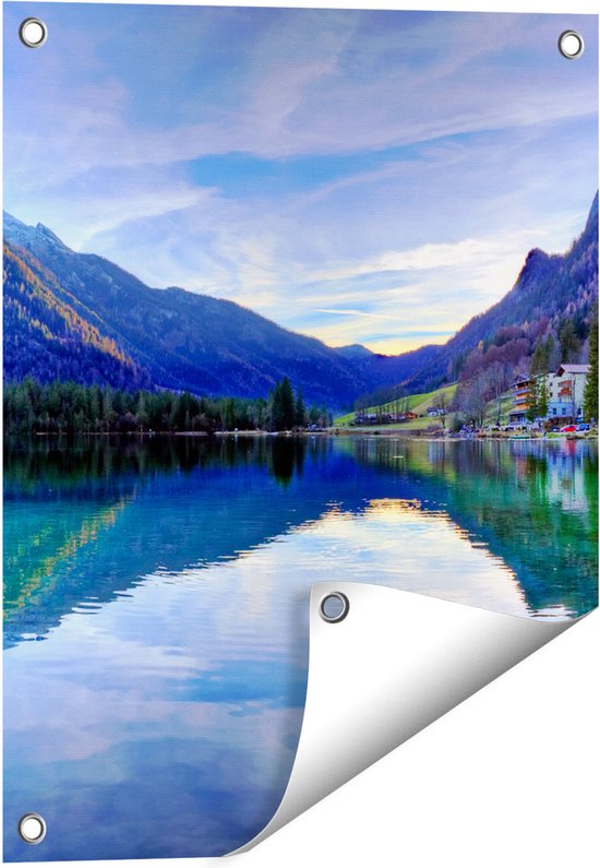 Affiche de jardin du Gards Lac avec reflet dans les Montagnes - 40x50 cm - Toile de jardin - Décoration de jardin - Décoration murale extérieure - Tableau de jardin