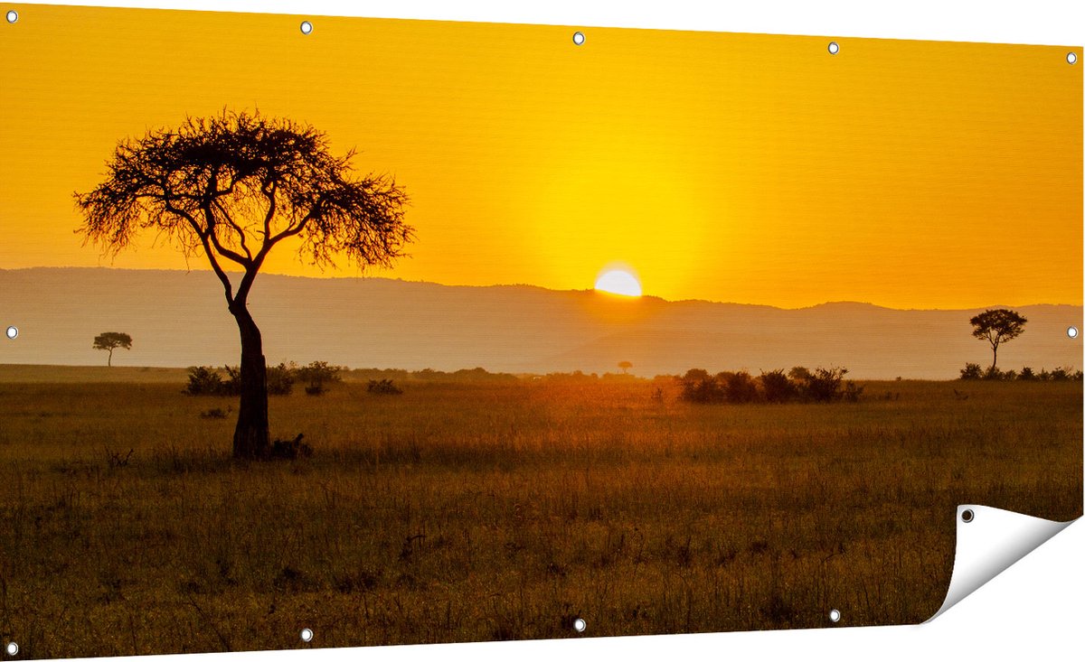 Gards Tuinposter Zonsopgang in de Savanne met een Boom - 180x90 cm - Tuindoek - Tuindecoratie - Wanddecoratie buiten - Tuinschilderij Multikleur
