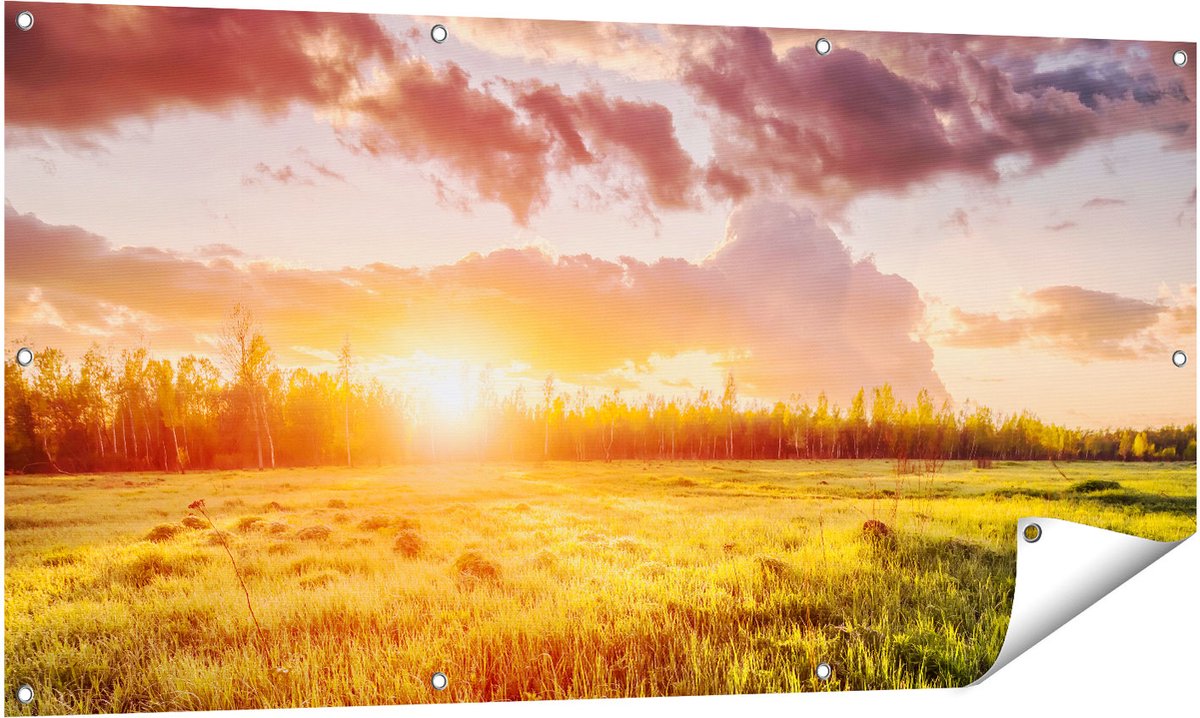 Gards Tuinposter Zonsopkomst in het Veld - 140x70 cm - Tuindoek - Tuindecoratie - Wanddecoratie buiten - Tuinschilderij Multikleur