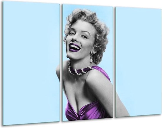 Glasschilderij Marilyn Monroe - Blauw, Paars, Grijs - 120x80cm 3Luik - Foto Op Glas - Geen Acrylglas Schilderij - GroepArt 6000+ Glas Art Collectie - Maatwerk Mogelijk