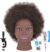 Sassy Goods® Oefenhoofd - Kappershoofd - Afro - Oefenpop Kapper - 100% echt haar - Kroeshaar - Met statief en accessoires - 15 cm