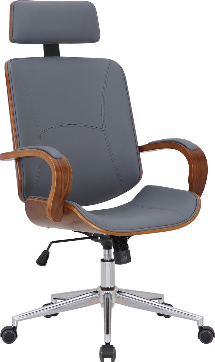 Bureaustoel Guadalupe - grijs - bruin hout - ergonomisch - kunstleer - in hoogte verstelbaar - designer - 49x45x125cm