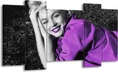 GroepArt - Schilderij - Marilyn Monroe - Zwart, Grijs, Paars - 120x65cm 5Luik - Foto Op Canvas - GroepArt 6000+ Schilderijen 0p Canvas Art Collectie - Wanddecoratie