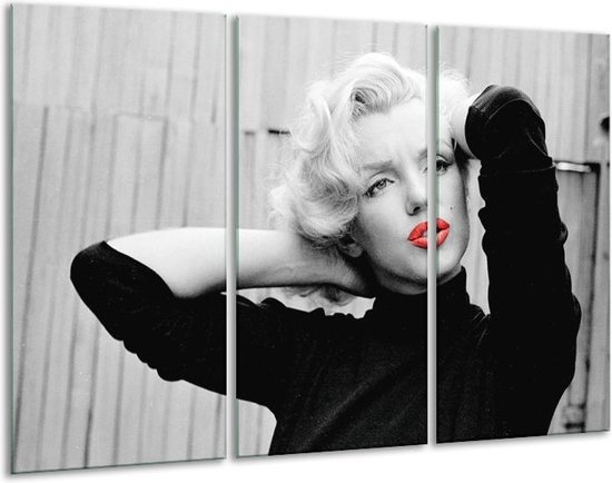 Glasschilderij Marilyn Monroe - Zwart, Wit, Rood - 120x80cm 3Luik - Foto Op Glas - Geen Acrylglas Schilderij - GroepArt 6000+ Glas Art Collectie - Maatwerk Mogelijk