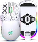 Weergave van de witte gaming muis, zowel de bovenkant met prints als de onderkant met specificaties.