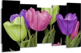 GroepArt - Canvas Schilderij - Tulpen - Paars, Groen, Roze - 150x80cm 5Luik- Groot Collectie Schilderijen Op Canvas En Wanddecoraties