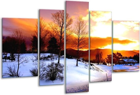 Glasschilderij Winter - Wit, Oranje, Bruin - 170x100cm 5Luik - Foto Op Glas - Geen Acrylglas Schilderij - 6000+ Glasschilderijen Collectie - Wanddecoratie