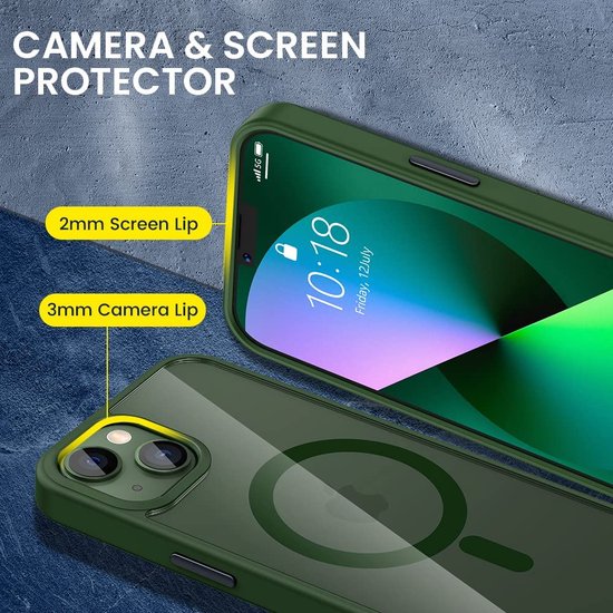 Groen iPhone 13 hoesje, 2mm lip voor scherm, 3mm lip voor camera.