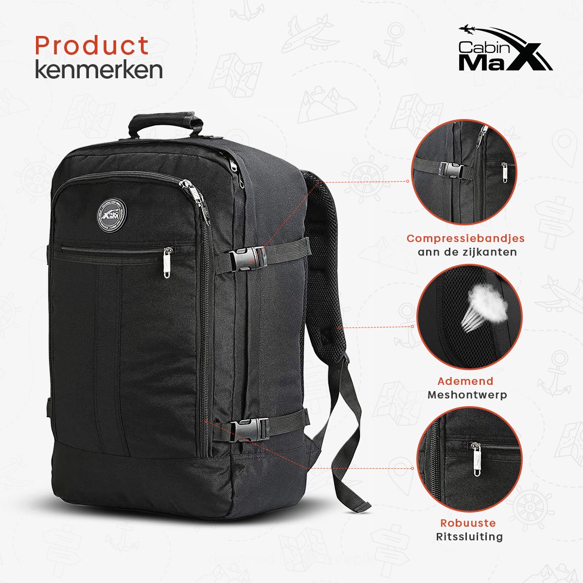 CabinMax Metz Reistas – Handbagage 20L – Rugzak – Schooltas - 40x25x20 cm – Compact Backpack – Lichtgewicht – Zwart – foto 4