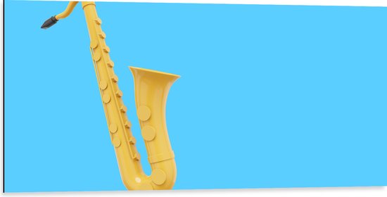 Dibond - Gele Saxofoon tegen Blauwe Achtergrond - 100x50 cm Foto op Aluminium (Wanddecoratie van metaal)