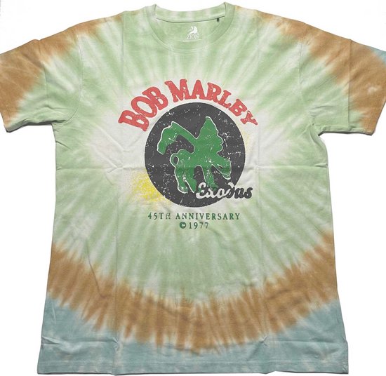 T-shirt met tie-dye-patroon in groen, bruin en blauw. Op de voorkant staat de tekst 'BOB MARLEY EXODUS 45th ANNIVERSARY 1977'.