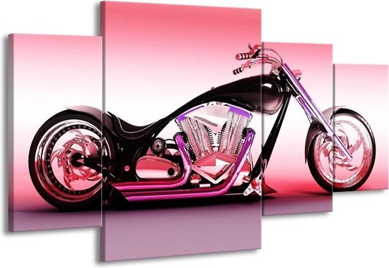 GroepArt - Schilderij -  Motor - Paars, Roze, Zwart - 160x90cm 4Luik - Schilderij Op Canvas - Foto Op Canvas