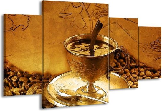 GroepArt - Schilderij -  Koffie - Bruin, Geel - 160x90cm 4Luik - Schilderij Op Canvas - Foto Op Canvas