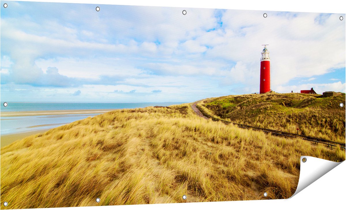 Gards Tuinposter Vuurtoren met Duinen in Texel - 160x80 cm - Tuindoek - Tuindecoratie - Wanddecoratie buiten - Tuinschilderij Multikleur
