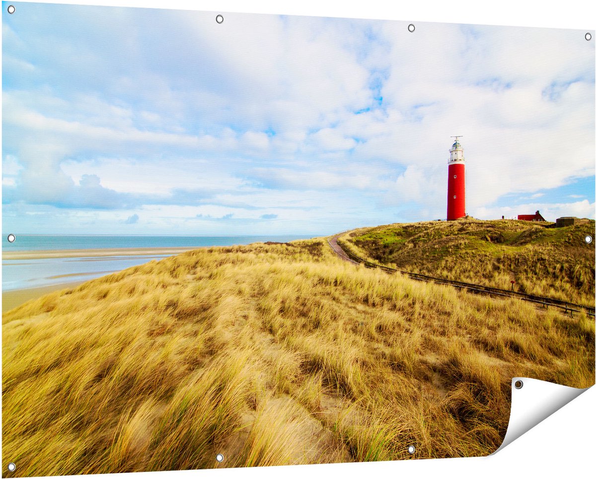 Gards Tuinposter Vuurtoren met Duinen in Texel - 150x100 cm - Tuindoek - Tuindecoratie - Wanddecoratie buiten - Tuinschilderij Multikleur
