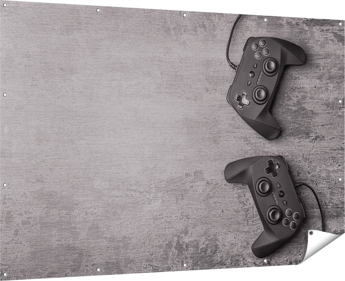 Gards Tuinposter Twee Game Controllers op Tafel - Gaming - 180x120 cm - Tuindoek - Tuindecoratie - Wanddecoratie buiten - Tuinschilderij Multikleur