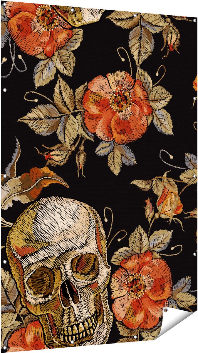 Gards Tuinposter Doodshoofden met Bloemen - Schedels - 120x180 cm - Tuindoek - Tuindecoratie - Wanddecoratie buiten - Tuinschilderij Multikleur