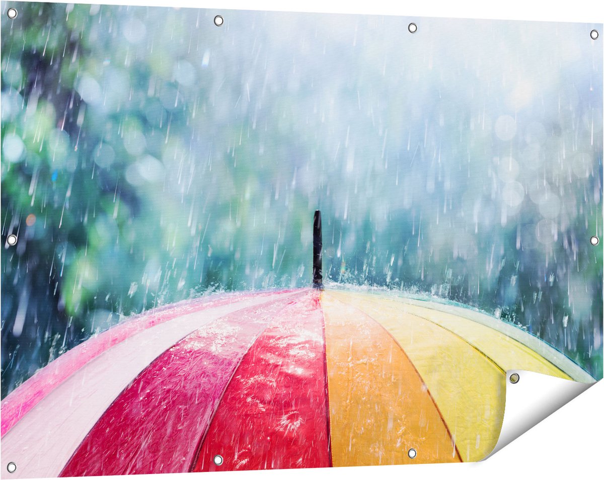 Gards Tuinposter Regenboog Paraplu met Regen - 120x80 cm - Tuindoek - Tuindecoratie - Wanddecoratie buiten - Tuinschilderij Multikleur