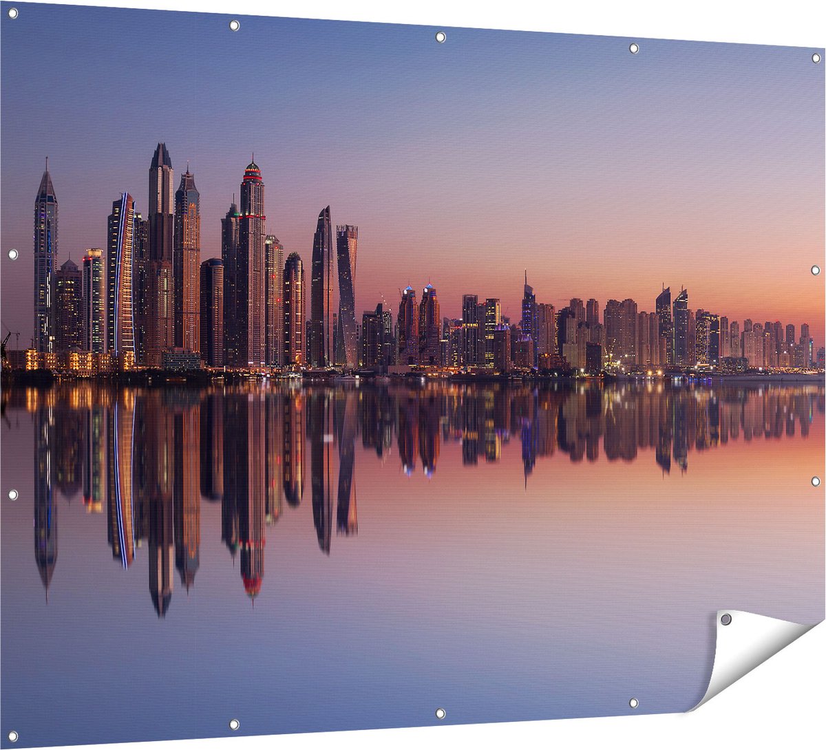 Gards Tuinposter Skyline Dubai Stad bij Zonsondergang - 160x120 cm - Tuindoek - Tuindecoratie - Wanddecoratie buiten - Tuinschilderij Multikleur