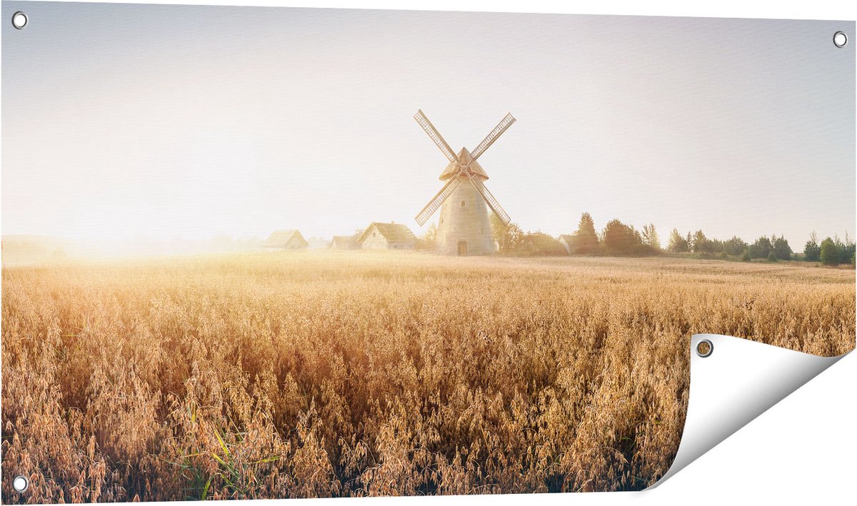Gards Tuinposter Windmolen in het Veld - 100x50 cm - Tuindoek - Tuindecoratie - Wanddecoratie buiten - Tuinschilderij Multikleur