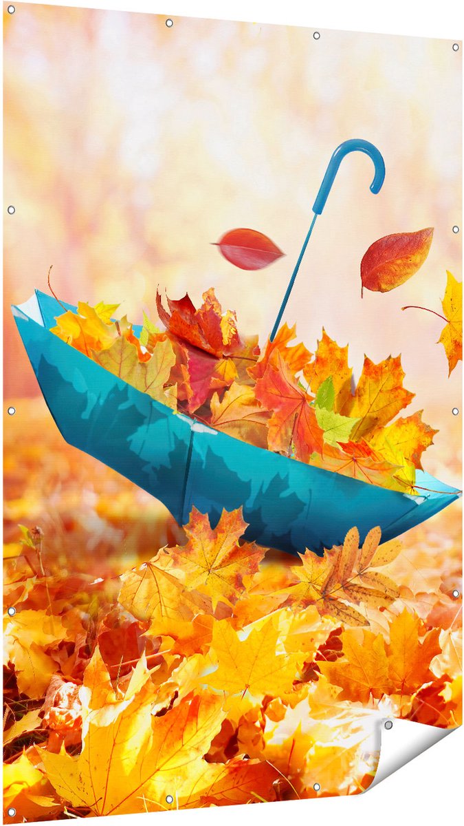 Gards Tuinposter Blauwe Paraplu in de Herfstbos met Bladeren - 120x180 cm - Tuindoek - Tuindecoratie - Wanddecoratie buiten - Tuinschilderij Multikleur