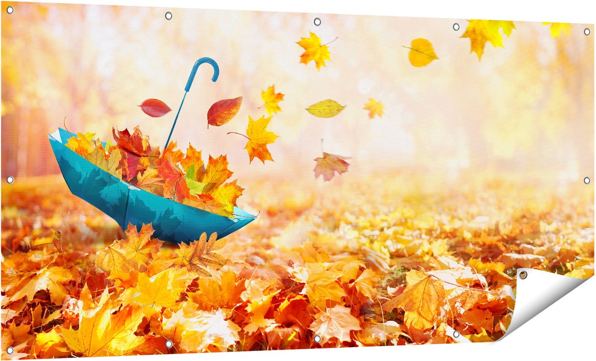 Gards Tuinposter Blauwe Paraplu in de Herfstbos met Bladeren - 160x80 cm - Tuindoek - Tuindecoratie - Wanddecoratie buiten - Tuinschilderij Multikleur
