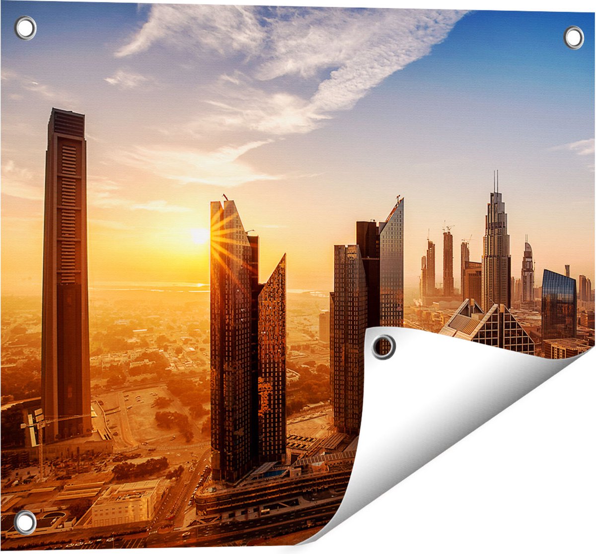 Gards Tuinposter Dubai Stad bij Zonsopgang - 50x40 cm - Tuindoek - Tuindecoratie - Wanddecoratie buiten - Tuinschilderij Multikleur