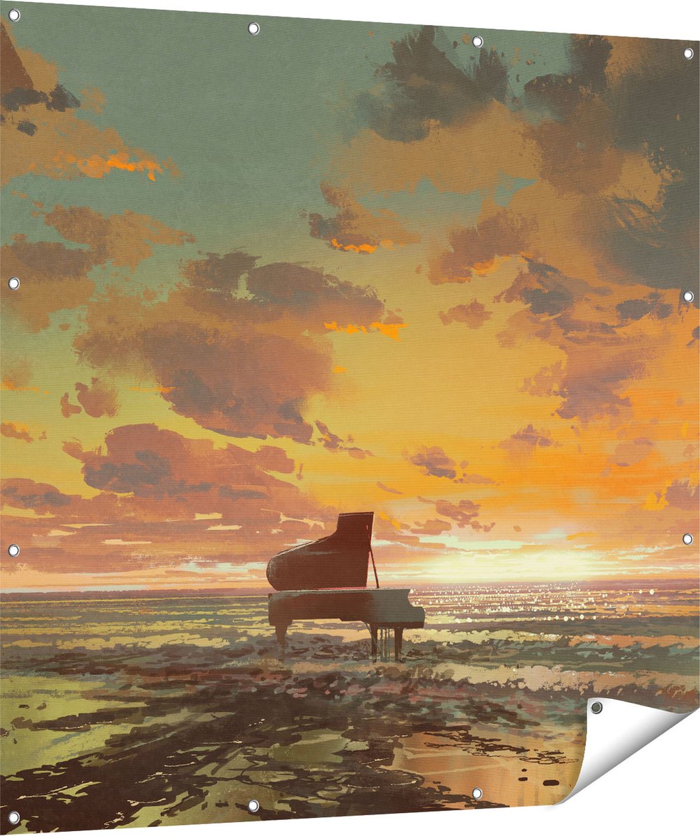Gards Tuinposter Piano op het Strand bij Zonsondergang - 120x120 cm - Tuindoek - Tuindecoratie - Wanddecoratie buiten - Tuinschilderij Multikleur