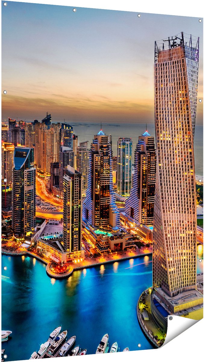 Gards Tuinposter Dubai Haven met de Stad - 120x180 cm - Tuindoek - Tuindecoratie - Wanddecoratie buiten - Tuinschilderij Multikleur