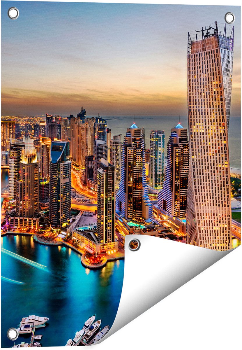 Gards Tuinposter Dubai Haven met de Stad - 40x50 cm - Tuindoek - Tuindecoratie - Wanddecoratie buiten - Tuinschilderij Multikleur