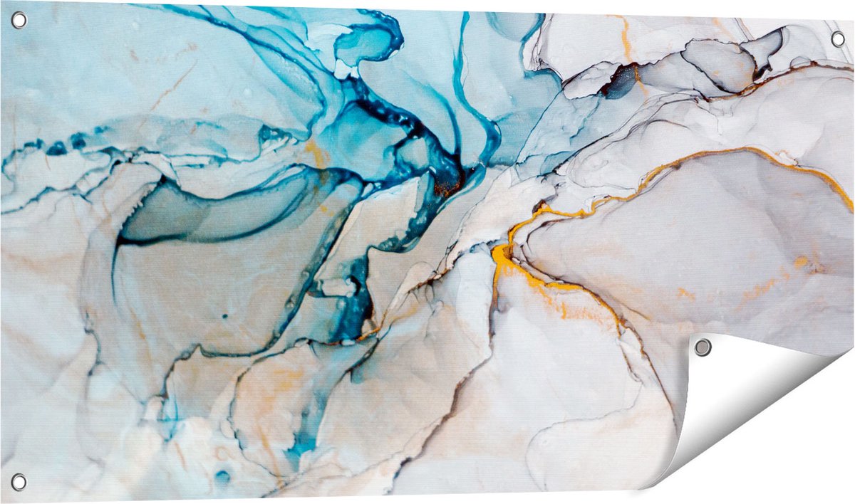 Gards Tuinposter Abstracte Kunst - Blauwe Grijze Marmer - 100x50 cm - Tuindoek - Tuindecoratie - Wanddecoratie buiten - Tuinschilderij Multikleur