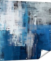 Gards Tuinposter Abstracte Kunst - Blauw Witte Penseelstreken - 100x100 cm - Tuindoek - Tuindecoratie - Wanddecoratie buiten - Tuinschilderij