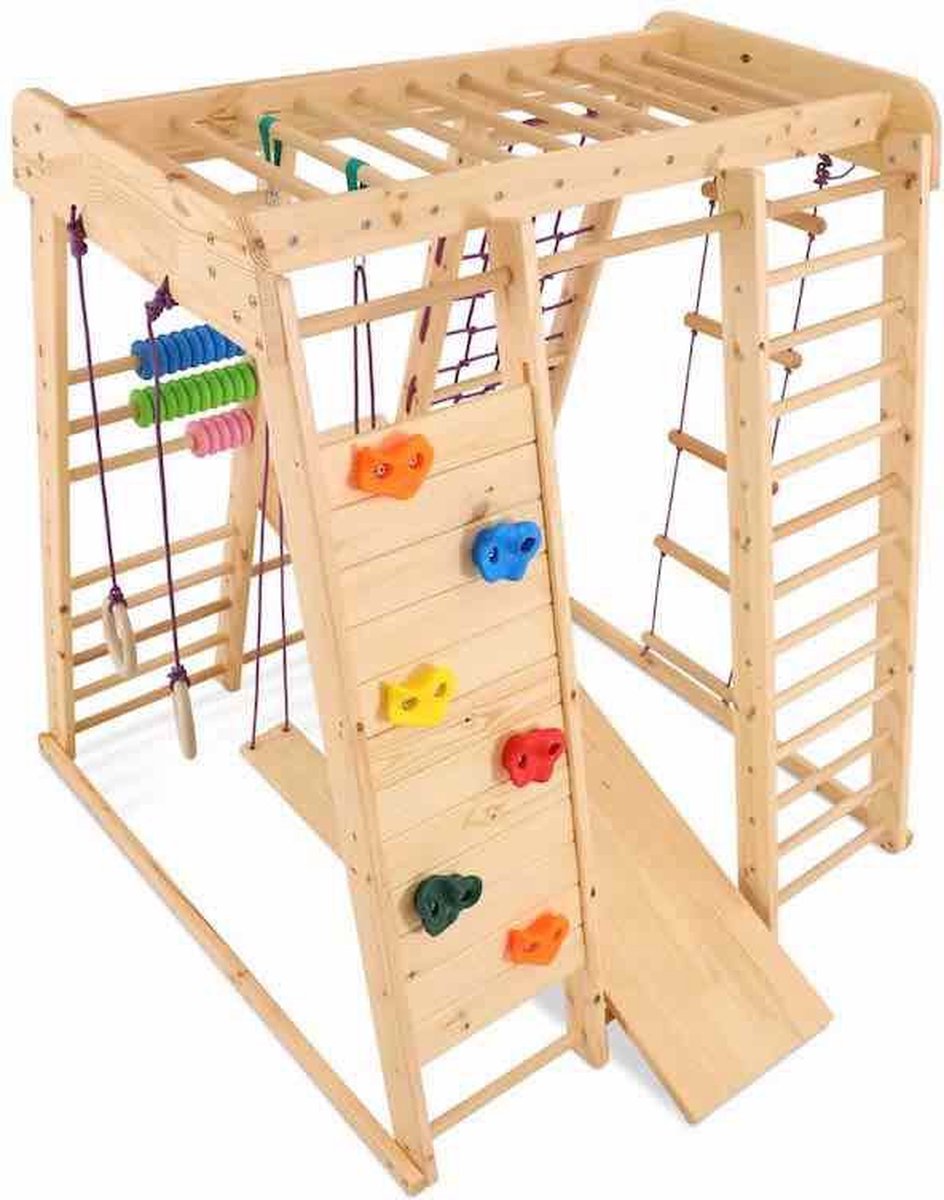 3-in-1 Glijbaan En Schommel Voor Kinderen - 121 X 47 X 14 - Van Hout Met Klimrek Naturel