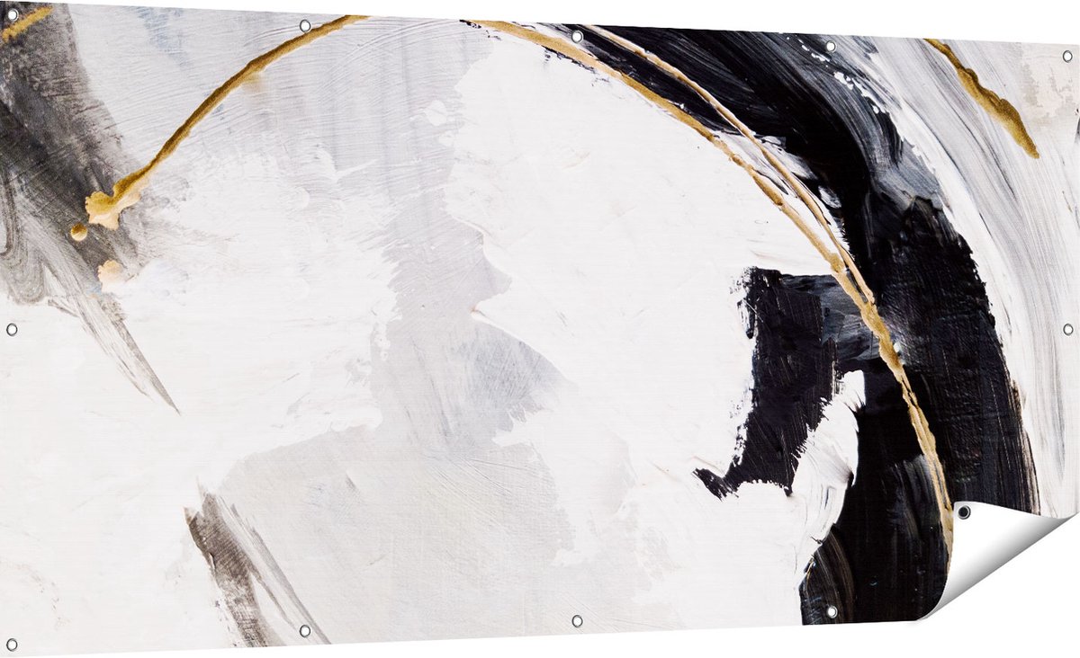 Gards Tuinposter Abstracte Kunst - Wit met Zwart en Goud - 180x90 cm - Tuindoek - Tuindecoratie - Wanddecoratie buiten - Tuinschilderij Multikleur