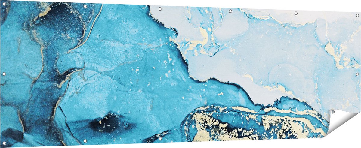 Gards Tuinposter Abstracte Kunst van Blauwe Marmer met Goud - 210x70 cm - Tuindoek - Tuindecoratie - Wanddecoratie buiten - Tuinschilderij Multikleur