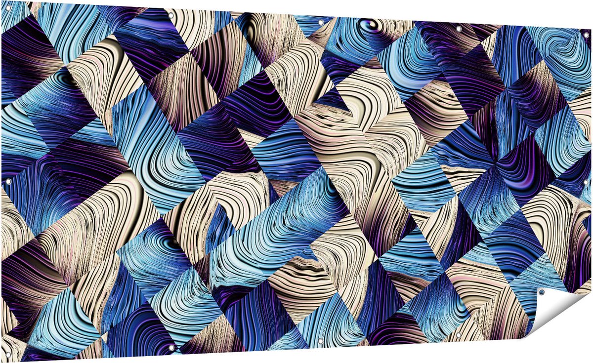 Gards Tuinposter Abstracte Kunst met Blauwe en Gouden Ruiten - 200x100 cm - Tuindoek - Tuindecoratie - Wanddecoratie buiten - Tuinschilderij Multikleur