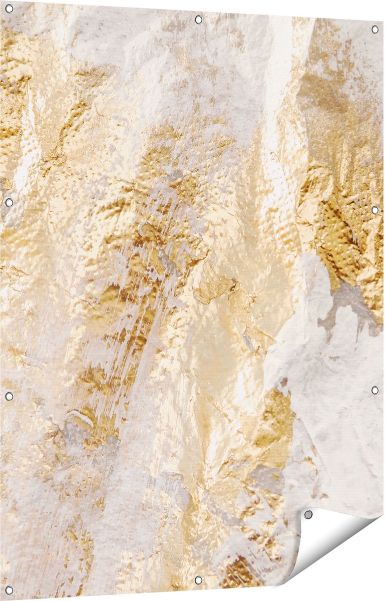 Gards Tuinposter Abstracte Kunst van Goud en Wit - 90x120 cm - Tuindoek - Tuindecoratie - Wanddecoratie buiten - Tuinschilderij Multikleur