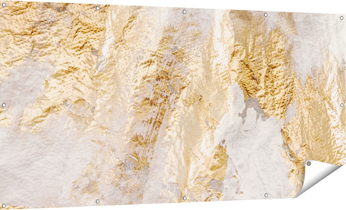 Gards Tuinposter Abstracte Kunst van Goud en Wit - 180x90 cm - Tuindoek - Tuindecoratie - Wanddecoratie buiten - Tuinschilderij Multikleur