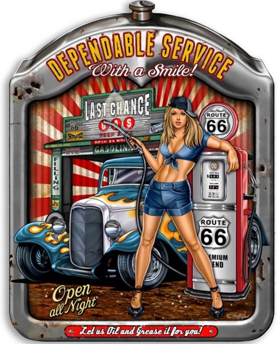 Wandbord Special USA American Style - Dependable Service With A Smile Open All Night Route 66