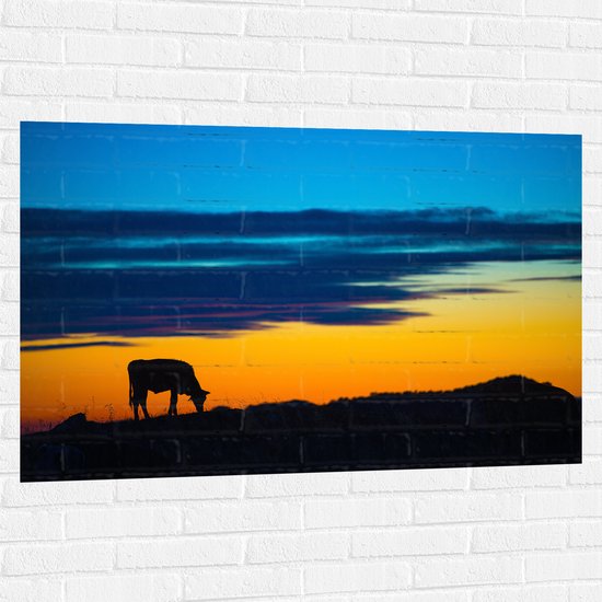 Muursticker - Silhouet van Grazende Koe in de Avondzon - 120x80 cm Foto op Muursticker