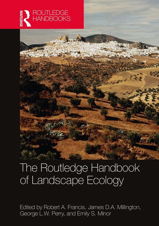 La couverture du 'Routledge Handbook of Landscape Ecology' montre un village blanc sur une colline dans un paysage montagneux sec avec des oliviers.