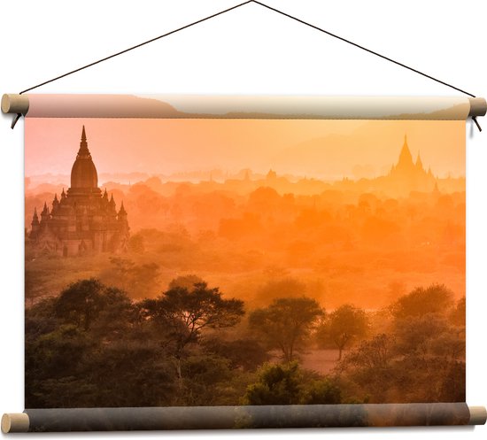 Textielposter - Fel Zonlicht over de Tempels van Myanmar - 60x40 cm Foto op Textiel