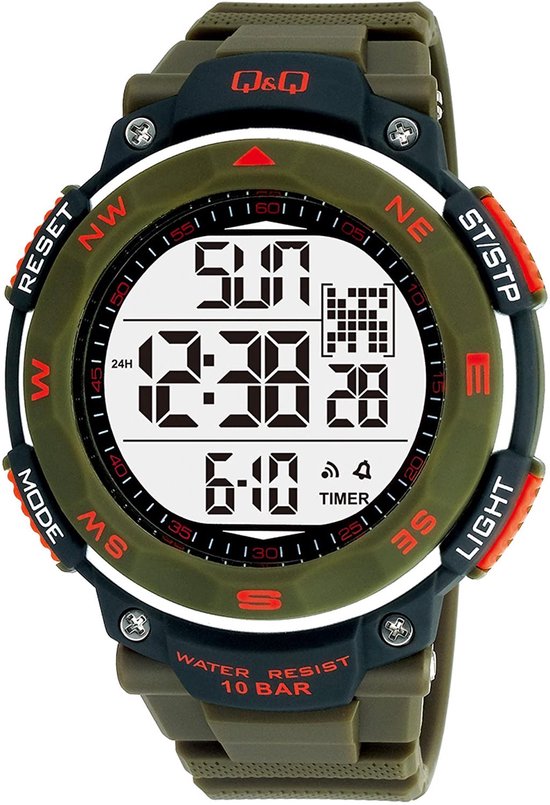 Q&Q-Heren-Horloge-Digitaal-Waterdicht-10BAR-Zwemmen/Sporten-Rubber-Backlight-Stopwatch-Dual Time-Countdown Timer-5 alarmen in te stellen-42MM-Zwart/Groen/Oranje