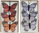 Decoratie vlinders op draad - 6x stuks - rood - paars - 6 cm